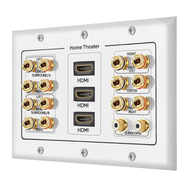 ICESPRING 3 Gang 7.2 Surround Sound Distribution Home Theater Copper Banana Binding Post Coupler Type Wall Plated for 7 Speakers 2 RCA Jacks for Subwoofers And 3 HDMI Ports - Image 1